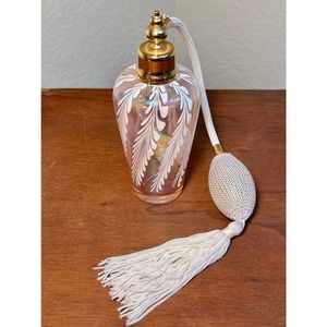 Vintage Art Glass Pink and White Opalescent Pulled Feather Perfume Atomizer 6"